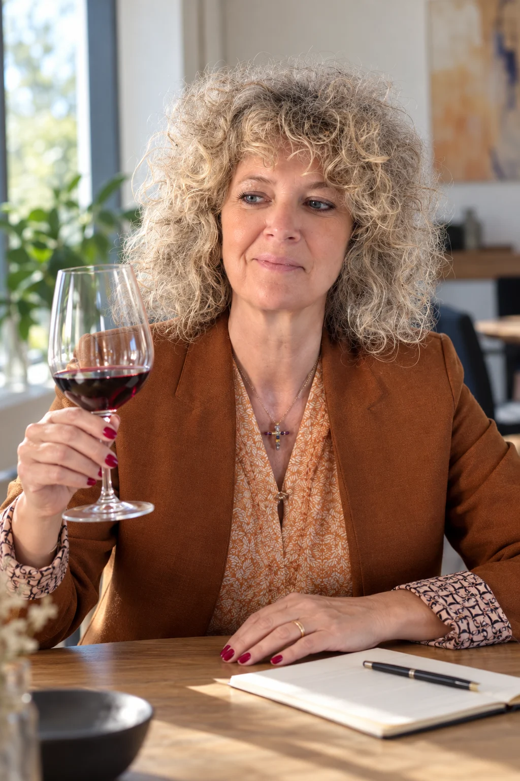 Nadine Rosier observe un vin pendant une dégustation